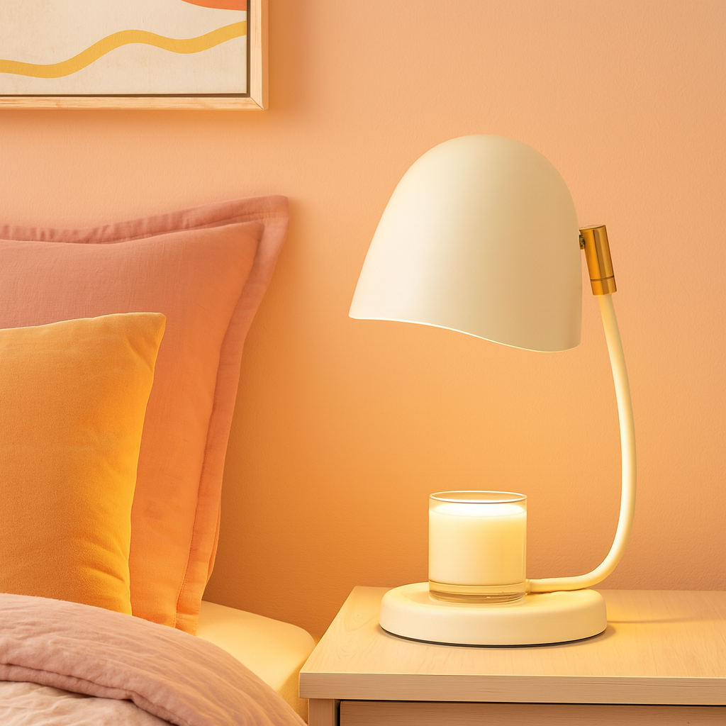 Cream candle warmer lamp on a nightstand with a candle, next to a bed with pink and orange pillows, against an orange wall.