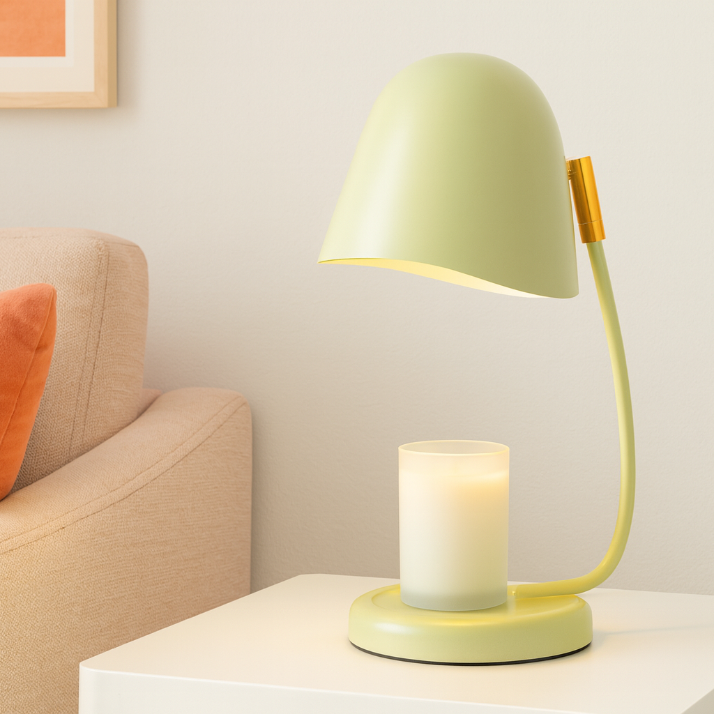 Green candle warmer lamp on a white surface with a candle inside, next to an orange pillow on a beige sofa.