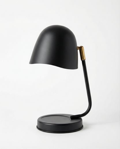 Black candle warmer lamp with a gold accent on a white background