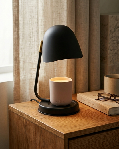 A modern, black Solene candle warmer lamp and a soy wickless candle sits on a warm wood bedside table, next to a book and glasses.