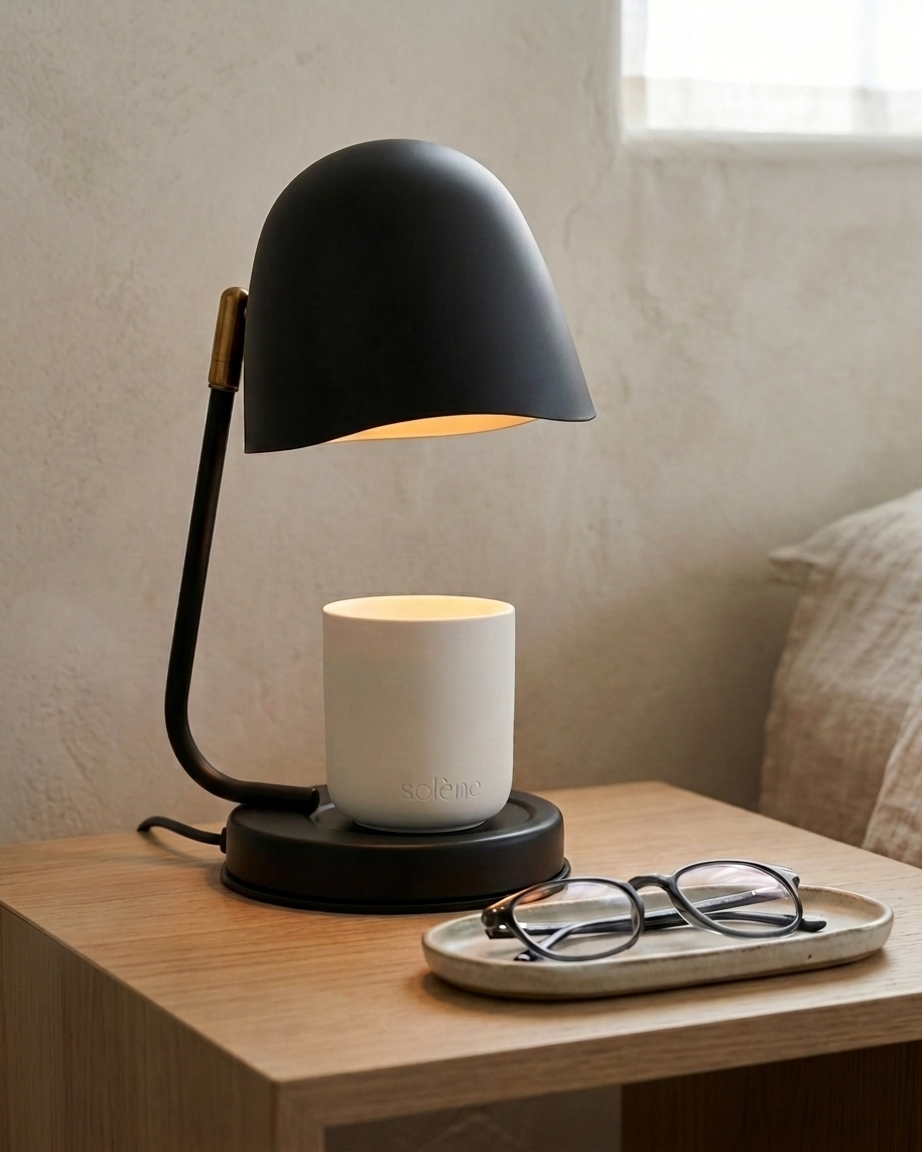 A black Solene candle warmer lamp with a white ceramic candle sits on a light oak bedside table, with glasses on a tray.