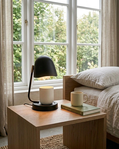 A black Solene candle warmer lamp and white soy wickless candle sits on a minimalist wood nightstand next to a cozy, neutral bed with linen bedding. There is a window behind it, where natural sunlight streams through the window to the bedroom. 