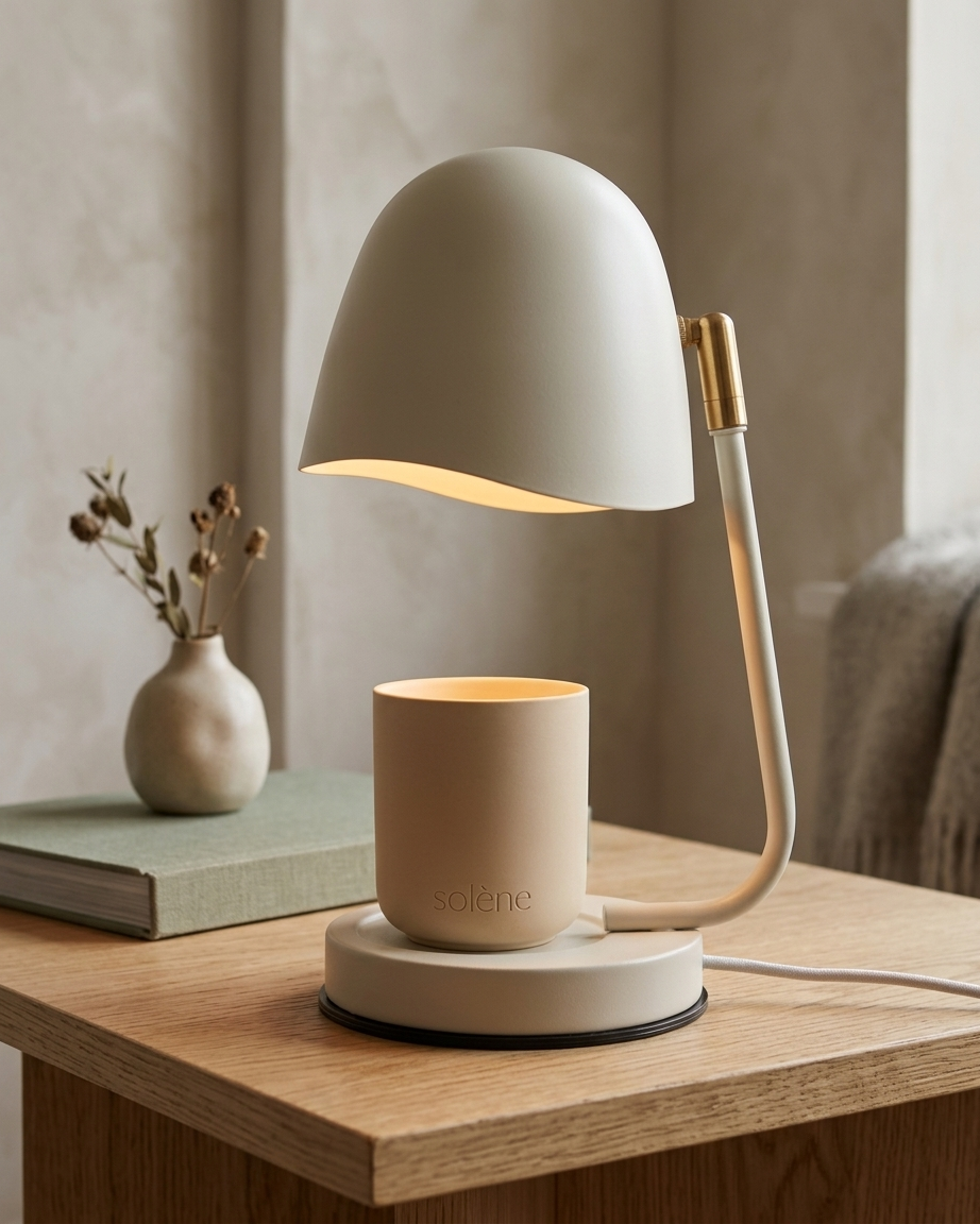 Modern candle warmer lamp in cream and a wickless soy candle rests on a wooden side table in a cozy minimalist living room.