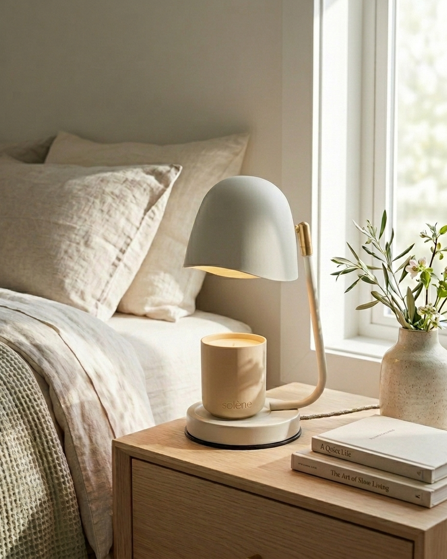 The premium Solene candle warmer lamp in cream sits on a light oak bedside table next to a cozy bed with neutral linen bedding. Natural light streams through a window next to the bed. On the candle lamp sits a Solene wickless soy candle, the wax being gently melted by the flameless candle warmer lamp. A ceramic vase with fresh greenery complements the candle warmer lamp. 