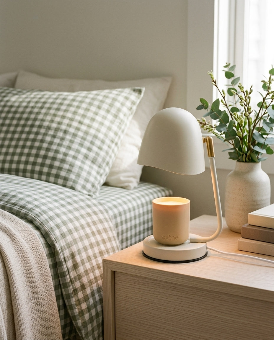 A clean, cozy bedroom with a light wood nightstand features the Solene Everly candle warmer lamp in cream. The wax in a ceramic wickless candle is being gently melted by the candle warmer lamp. Next to the lamp, a neutral ceramic vase with fresh greenery complements the room. 