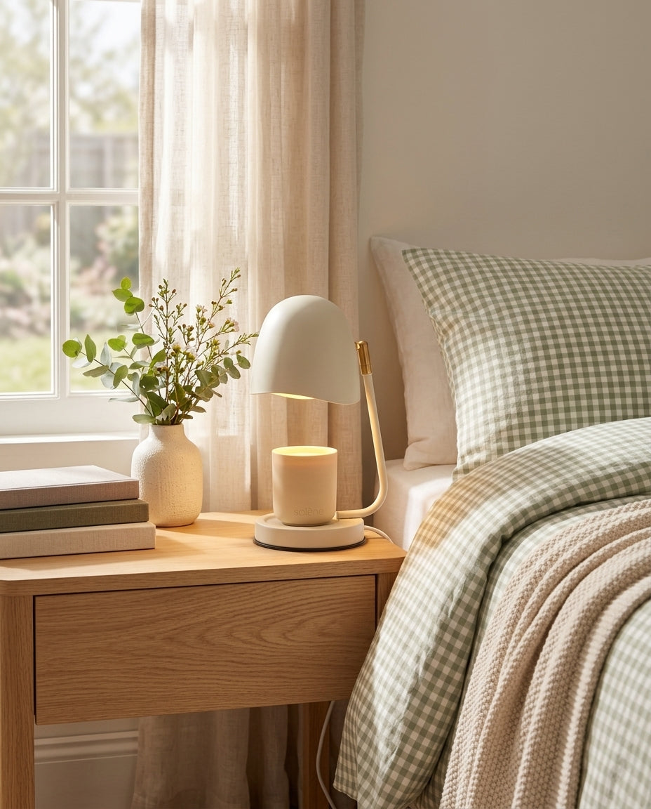 A cozy, neutral bedroom scene with natural light streaming in through the window. On the light wood nightstand, the Solene candle warmer lamp in cream casts a warm glow on the soy candle below. Next to it sit a white ceramic vase with fresh greenery. 