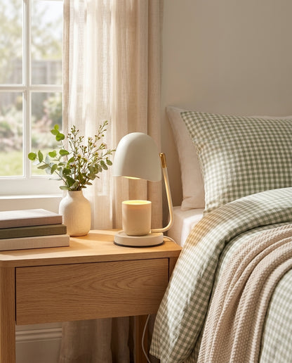 A cozy, neutral bedroom scene with natural light streaming in through the window. On the light wood nightstand, the Solene candle warmer lamp in cream casts a warm glow on the soy candle below. Next to it sit a white ceramic vase with fresh greenery. 