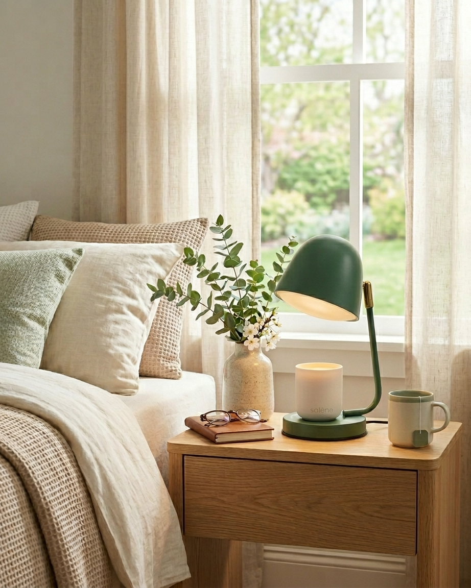Cozy bedroom with a neutral minimalist bed, with natural light streaming through the window. On the nightstand, a Solene sage candle warmer lamp gently melts a soy wickless candle. A fresh cup of tea, a vase of greenery, and a book with a pair of glasses rests on the nightstand, creating a cozy environment. 